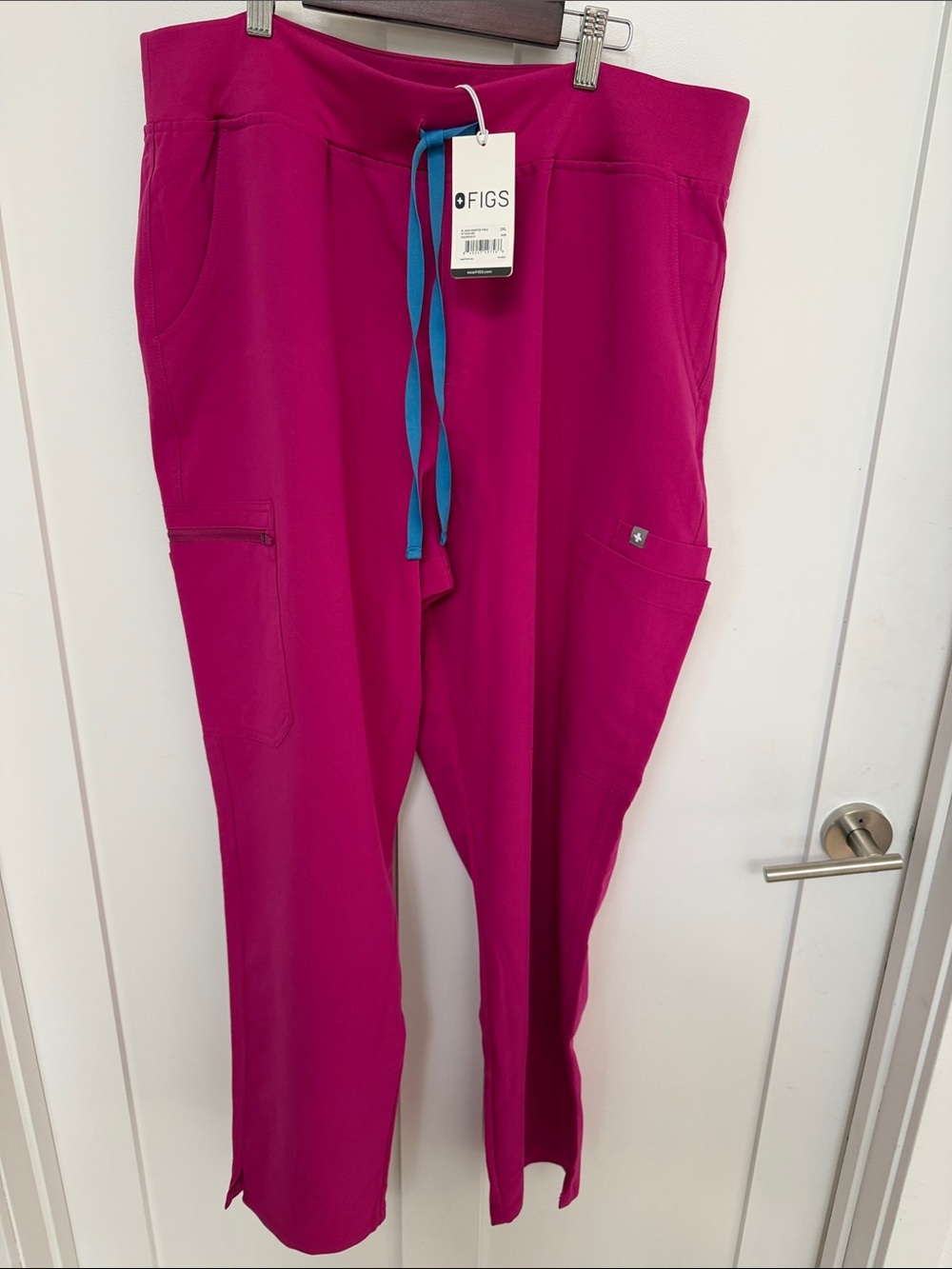 Figs Straight Leg Scrub Pants in Magenta with Blue Drawstring